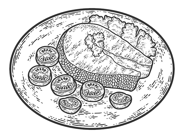 O prato está no prato Bife de peixe com legumes e ervas Imitação de esboço de rascunho