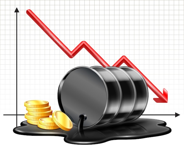 O preço do barril de petróleo cai no gráfico e o barril de petróleo preto está deitado na poça derramada