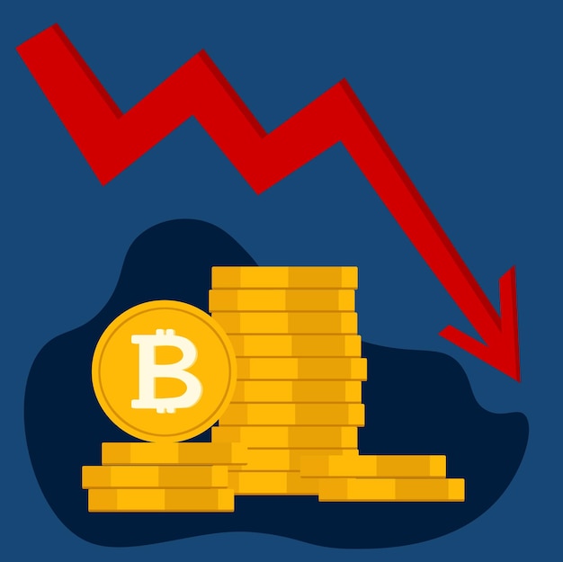 O preço do Bitcoin BTC cai para o nível mais baixo de todos os tempos Design de falha do Bitcoin A seta vermelha mostra o preço do Bitcoin caindo Ilustração vetorial sobre fundo azul