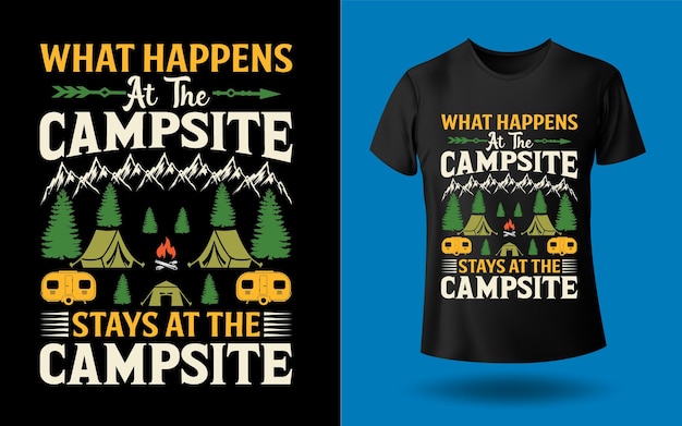 Vetor o que acontece no acampamento fica no modelo de design de camiseta do acampamento