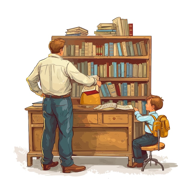Vetor o rapaz está a segurar o grande livro de tosca perto do professor.