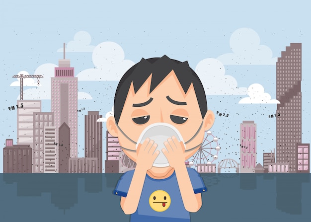 O rapaz está usando uma máscara n95 para proteger a poluição do ar ao ar livre. PM 2,5 no medidor de pó