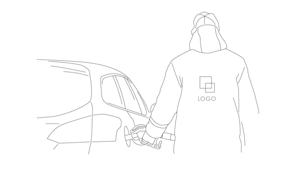 O reabastecedor de homem abastece o carro na vista do posto de gasolina da ilustração da linha linear traseira