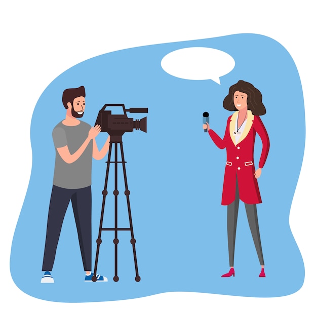 O repórter da mulher do jornalista que apresenta notícias ao vivo conversa com os operadores de câmera do operador do homem usando a câmera de vídeo no conceito da cinematografia do tripé. Ilustração vetorial no estilo cartoon plana