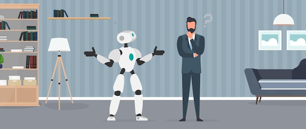 O robô não consegue encontrar uma solução. O robô faz um gesto impotente. O empresário pondera uma solução. Conceito de falha de inteligência artificial. Vetor.