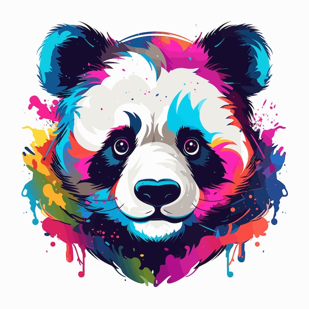 O rosto do urso panda colorido em fundo branco com respingos de tinta