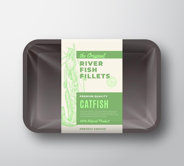 O rótulo de design de embalagem de vetor abstrato de filés de peixe original na bandeja de plástico com tampa de celofane tipografia moderna e layout de fundo de silhueta de peixe-gato desenhado à mão