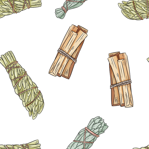 O sábio mancha o teste padrão sem emenda do boho desenhado à mão das varas. Sábio, mugwort e palo santo pacote fundo de textura