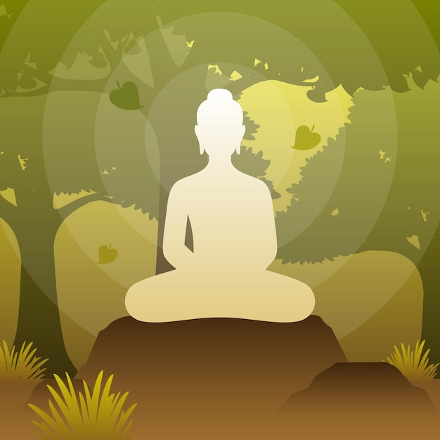 O senhor buda está sentado sob a árvore bodhi em pose de meditação na floresta