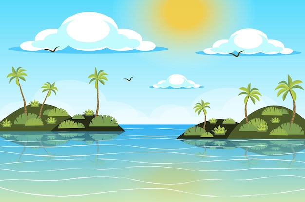 O sol brilha sobre a paisagem de ilhas tropicais em estilo simples