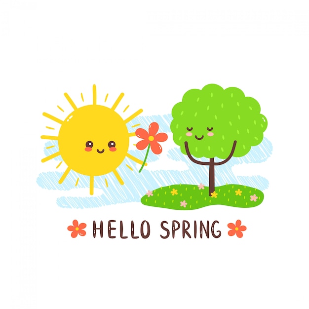 O sol de sorriso feliz bonito dá a flor à árvore. Cartão do dia internacional da floresta. mão desenho kawaii estilo personagem ilustração cartão desgin. isolado no branco. sol, floresta do amor
