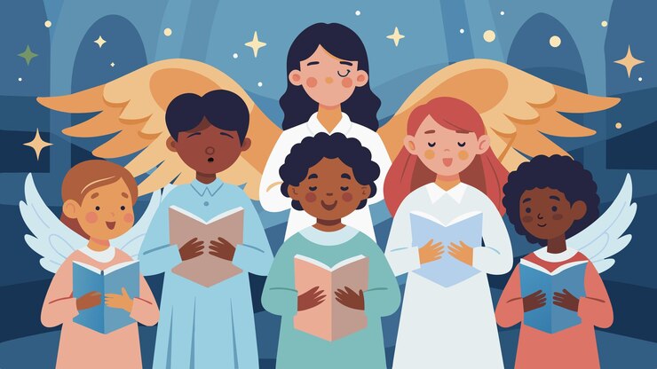 Vetor o som de vozes angélicas ressoando pela igreja enquanto o coro de crianças canta a cappella suas