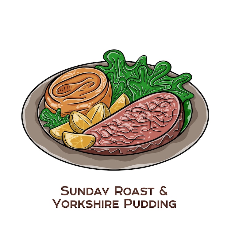 Vetor o sunday roast é uma tradição culinária britânica por excelência, com carne assada servida com pudim de yorkshire crocante.