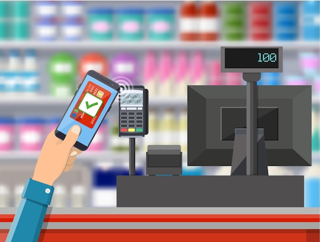 O terminal POS confirma o pagamento com cartão do banco.