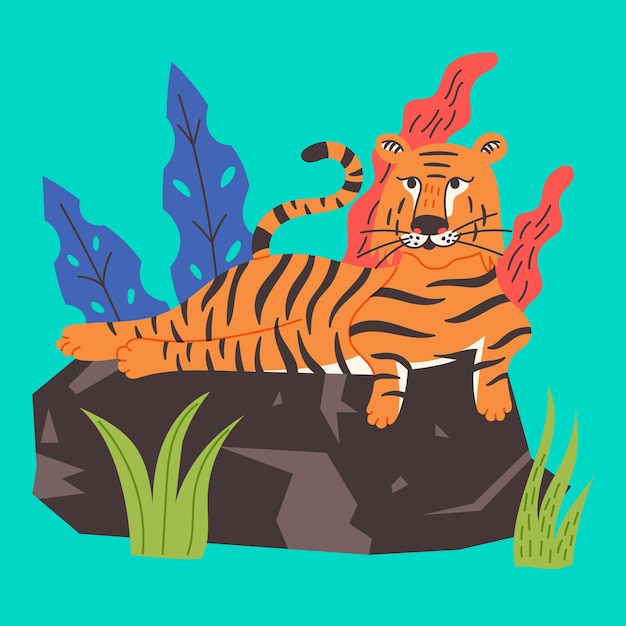 O tigre chinês encontra-se em uma rocha. predador selvagem, rei dos animais. estilo de desenho animado plano de ilustração vetorial de animais