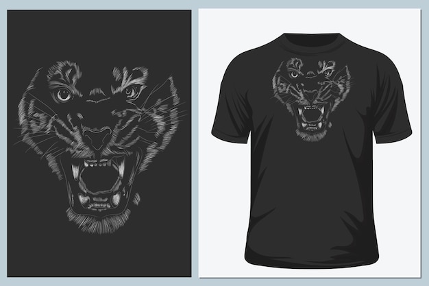 O tigre de logotipo de vetor para design de t-shirt. impressão de gato grande estilo caça em fundo preto.