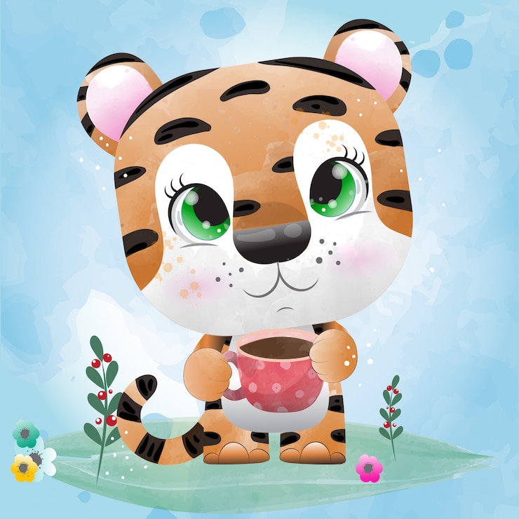 Vetor o tigre do bebê é um personagem fofo pintado com aquarela.