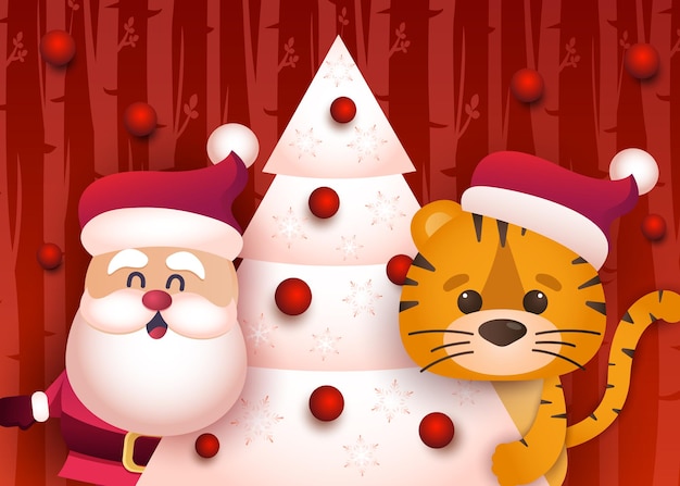 O tigre e o papai noel fofos decoram a árvore de Natal. Banner comemorativo com ano novo chinês de 2022 ye