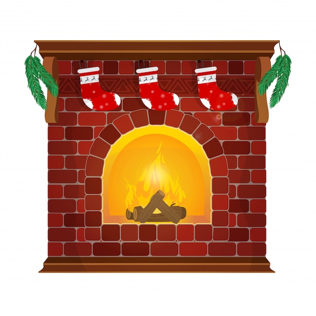 Vetor o tijolo vermelho é uma lareira clássica com meias e grinaldas de ano novo. decoração de feliz ano novo. feliz natal, ano novo e natal. ilustração do estilo simples.