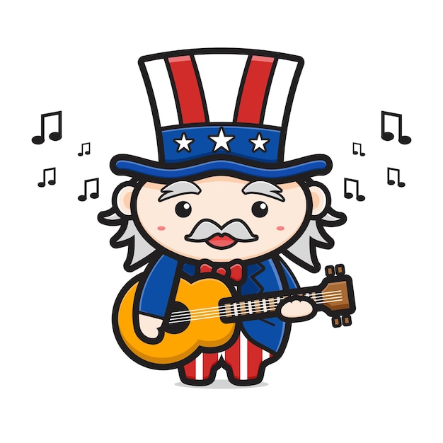 O tio sam fofo tocando guitarra celebrar o ícone dos desenhos animados do dia da independência da américa