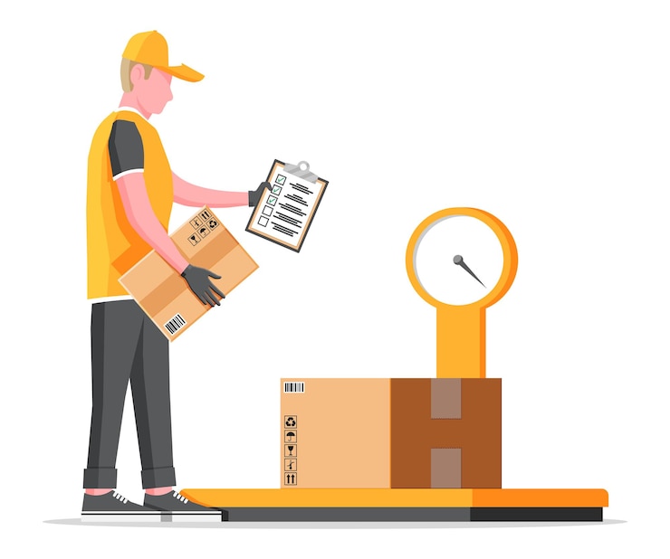 Vetor o trabalhador do armazém está pesando a carga. balanças de produtos industriais. logística e distribuição, embalagem de encomendas, caixas de papelão. escala com caixa isolada no branco. ilustração vetorial plana