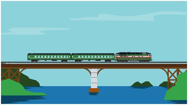 O trem está passando em um rio durante o dia para ilustração vetorial de fundo de animação de desenho animado 2d