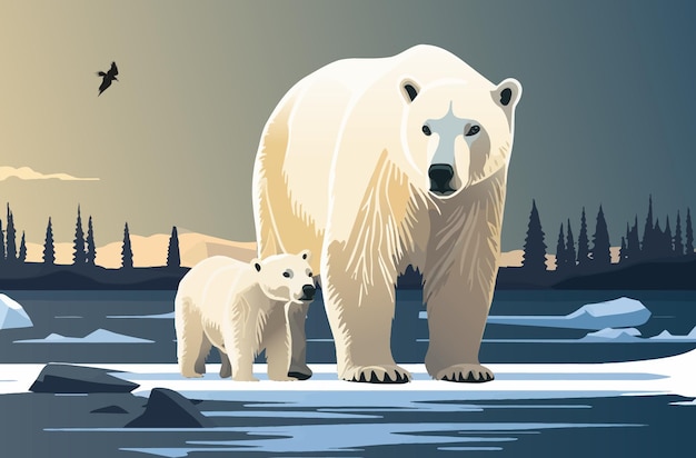 O urso branco e seu filhote de urso caminham pela neve. Mãe e filho. A geleira, coberta de neve