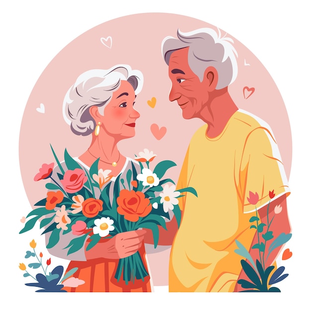 O velho dá um buquê de flores para a doce velhota amor e data conceito vetor ilustração plana