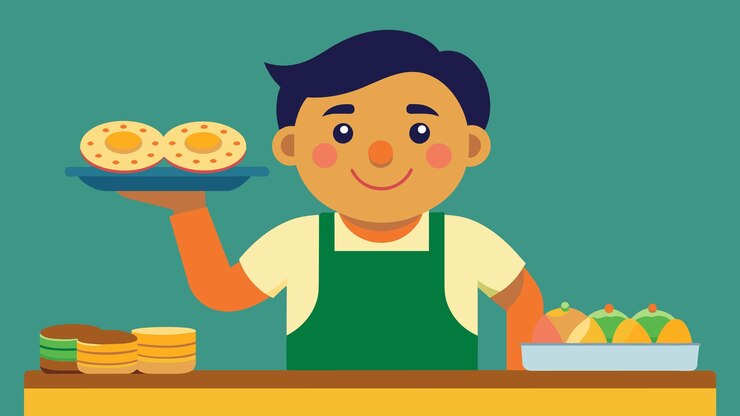 Vetor o vendedor amigável saúda cada cliente com um sorriso caloroso e se orgulha de fazer cada sopa