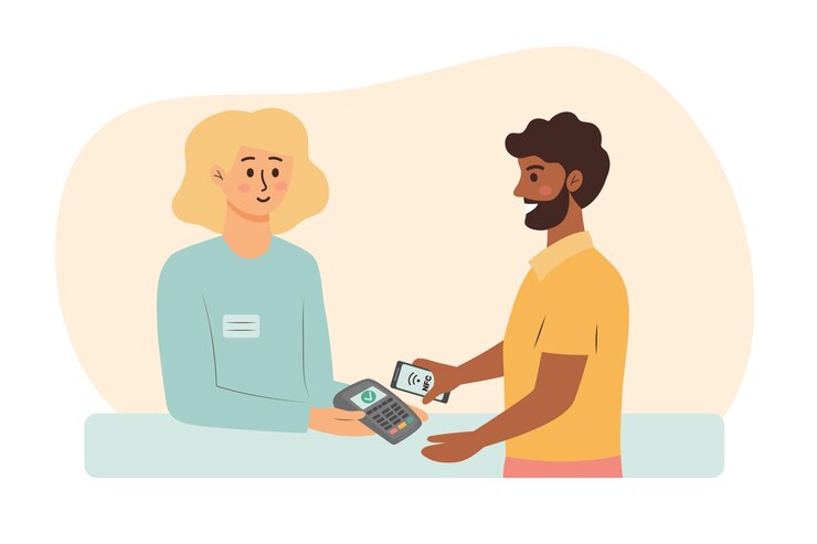 Vetor o vendedor detém o terminal pos e o cliente paga por smartphone pagamento sem contacto