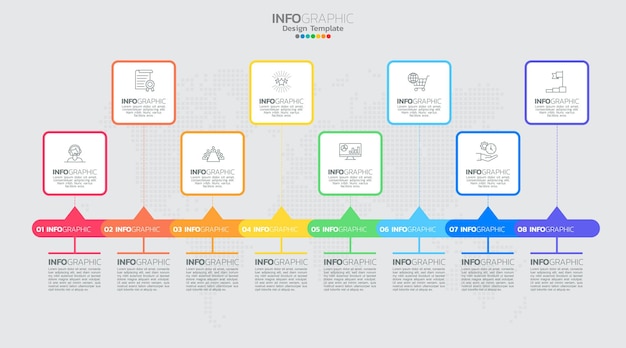 O vetor infográfico da linha do tempo com 8 etapas pode ser usado para o design da web de relatório anual de diagrama de layout de fluxo de trabalho