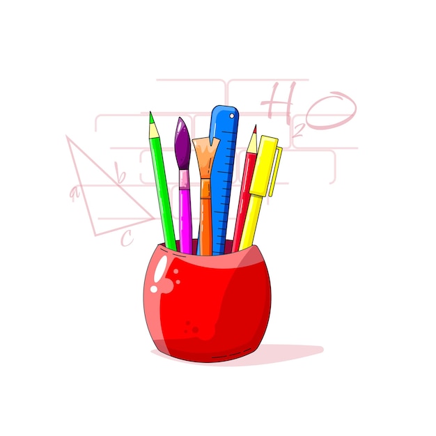 O vidro plano vermelho com utensílios de escrita lápis verde e vermelho caneta amarela pincéis de pintura roxo e laranja régua azul