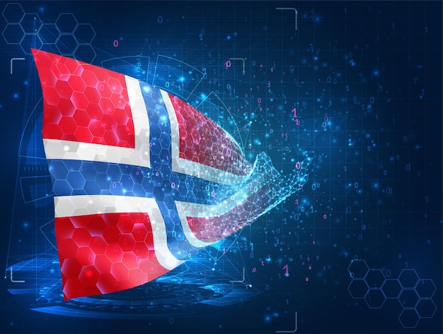 Objeto 3d abstrato virtual da bandeira vetorial da noruega de polígonos triangulares em um fundo azul