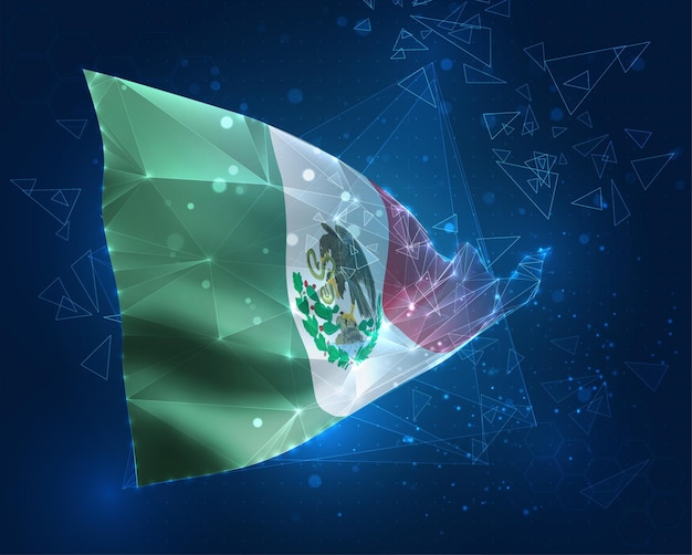 Objeto 3d abstrato virtual de bandeira vetorial do méxico de polígonos triangulares em um fundo azul