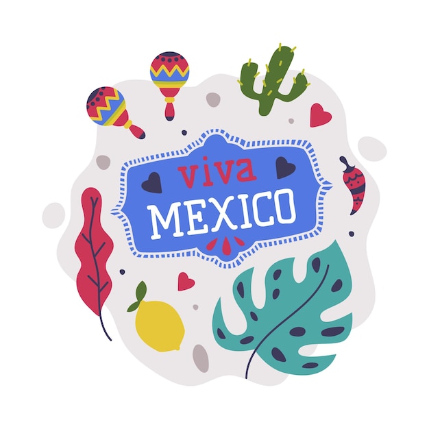 Objeto brilhante do México com composição vetorial de emblemas e elementos de folhagem