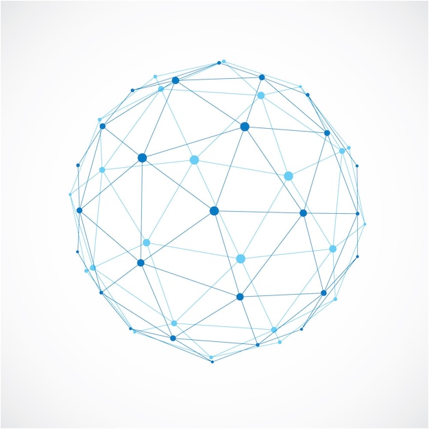 Objeto de baixo poli vector dimensional wireframe, forma faceta azul esférica com grade preta. Elemento de malha 3d de tecnologia feito usando triângulos para uso como forma de design em engenharia.