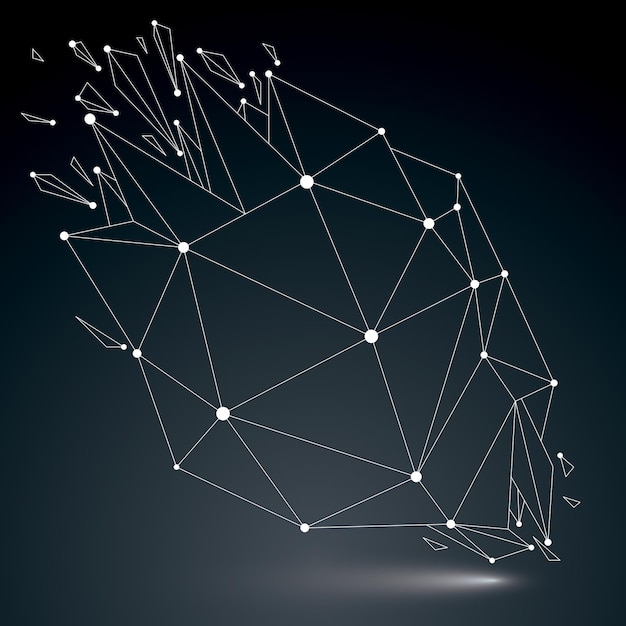 Objeto de baixo poli vetorial 3D com linhas e pontos conectados brancos, forma geométrica de wireframe com refrações. Perspectiva assimétrica quebrou a forma. Efeito luminescente, tecnologia de comunicação.