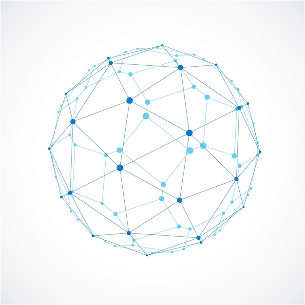 Objeto esférico de baixo poli vetorial 3D com linhas e pontos pretos conectados, forma geométrica de estrutura de arame azul. Bola de faceta em perspectiva criada com quadrados e pentágonos.
