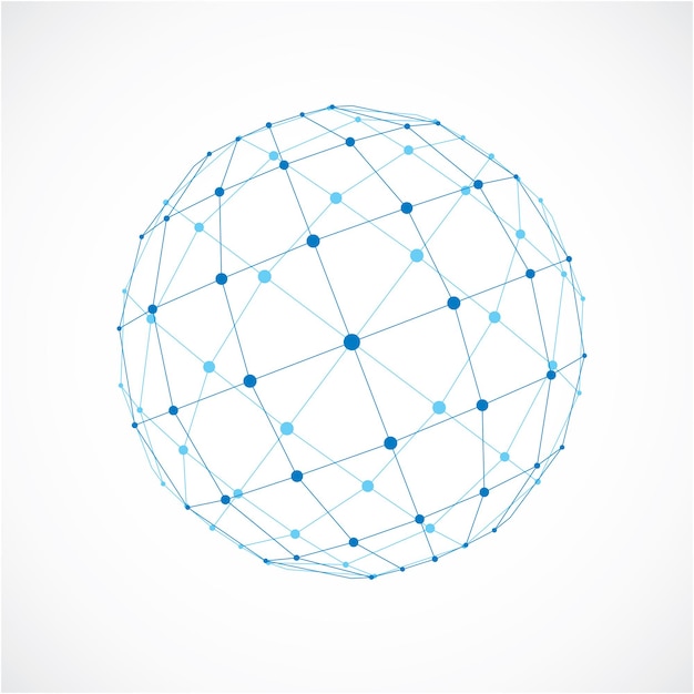 Objeto esférico de baixo poli vetorial 3D com linhas e pontos pretos conectados, forma geométrica de estrutura de arame azul. Orbe de faceta de perspectiva criado com quadrados.