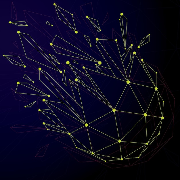 Objeto esférico de estrutura de arame digital vetorial 3d quebrado em diferentes partículas e refrações, estrutura poligonal geométrica com malha de linhas. forma quebrada de baixo poli, forma de treliça do ciberespaço.