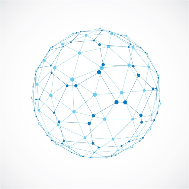 objeto esférico de wireframe digital de vetor 3D feito usando facetas. Bola azul poligonal geométrica criada com malha de linhas e pentágonos. Forma de baixo poli, forma de treliça para uso em web design.