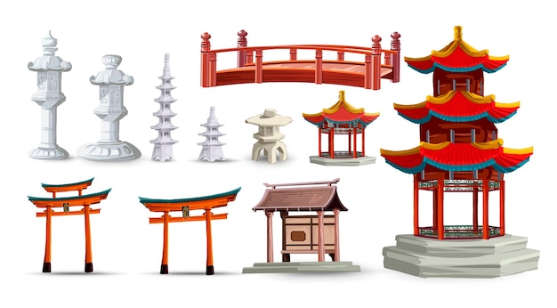 Vetor objetos antigos da cultura japonesa definidos com portão pagode templo jardim lanterna japonesa ilustração vetorial isolada coleção de conjuntos de vetores do japão