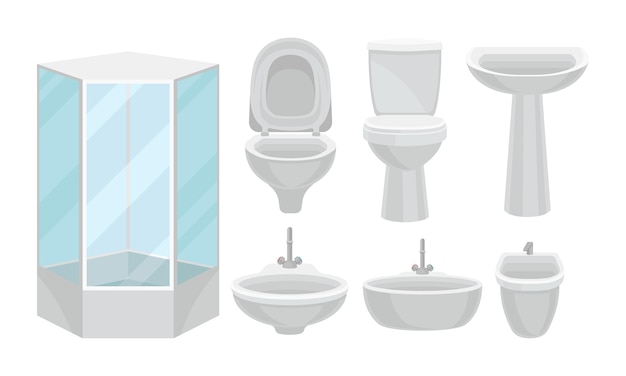 Objetos brilhantes de cerâmica de banheiro Set ilustrado vetorial Coleção de cerâmica de faiança