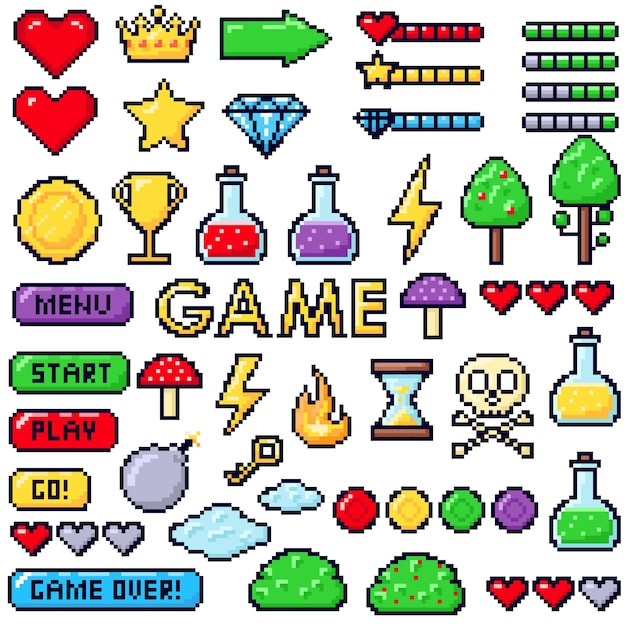 Objetos de bits de arte de pixel do jogo itens mágicos de arte de pixel digital pixelizada barra de vida e vetor de botão de menu