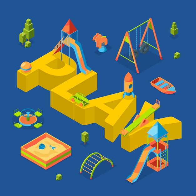 objetos de playground isométrica em torno do conceito de jogo de palavras