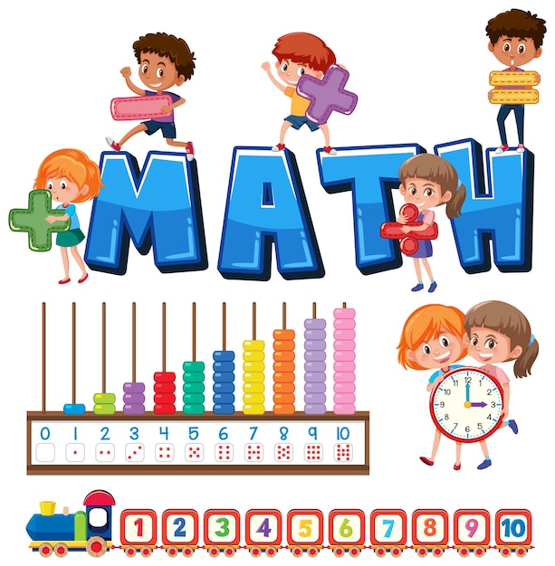 Vetor objetos de sala de aula de matemática com suprimentos e alunos