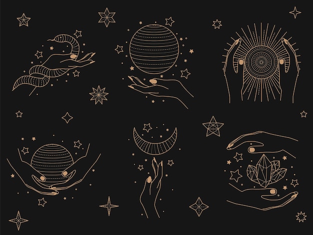 Objetos espaciais mágicos planetas estrelas com mãos e rostos femininos coleção de ilustração vetorial