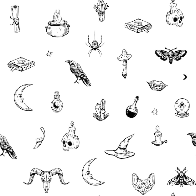 Objetos mágicos Ilustrações de contorno Magia escura Ferramentas de bruxa de Halloween Padrão vetorial sem costura