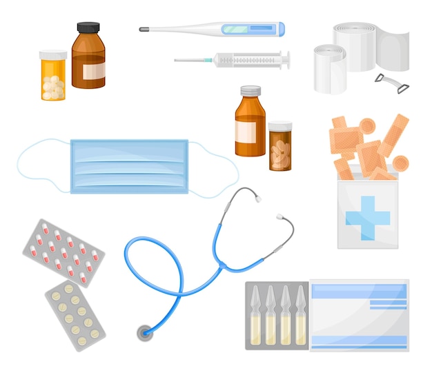 Objetos médicos da caixa de primeiros socorros com máscara facial e garrafas com conjunto de pílulas vetoriais