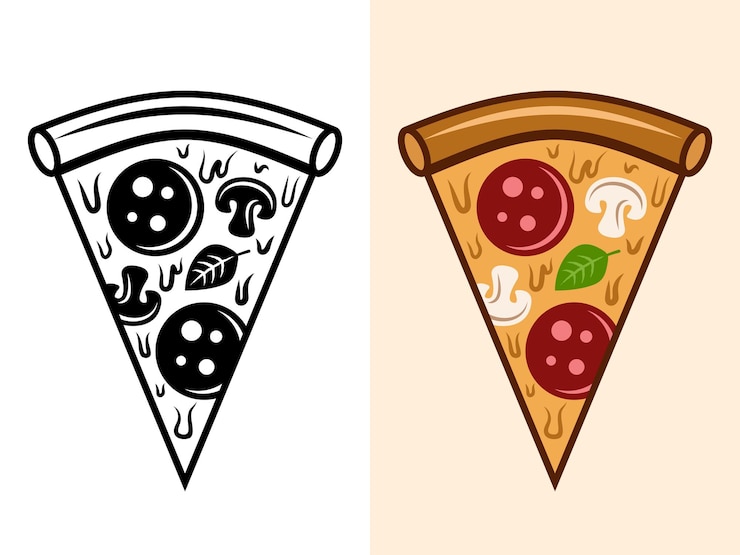 Vetor objetos vetoriais de fatia de pizza em dois estilos monocromáticos e ilustração isolada colorida